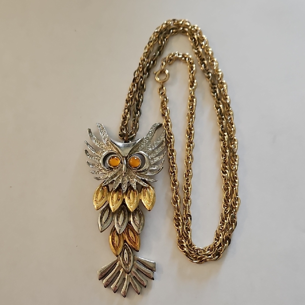 Owl Necklace Vintage Gold Silver Tone Articulated Amber Color Eyes
